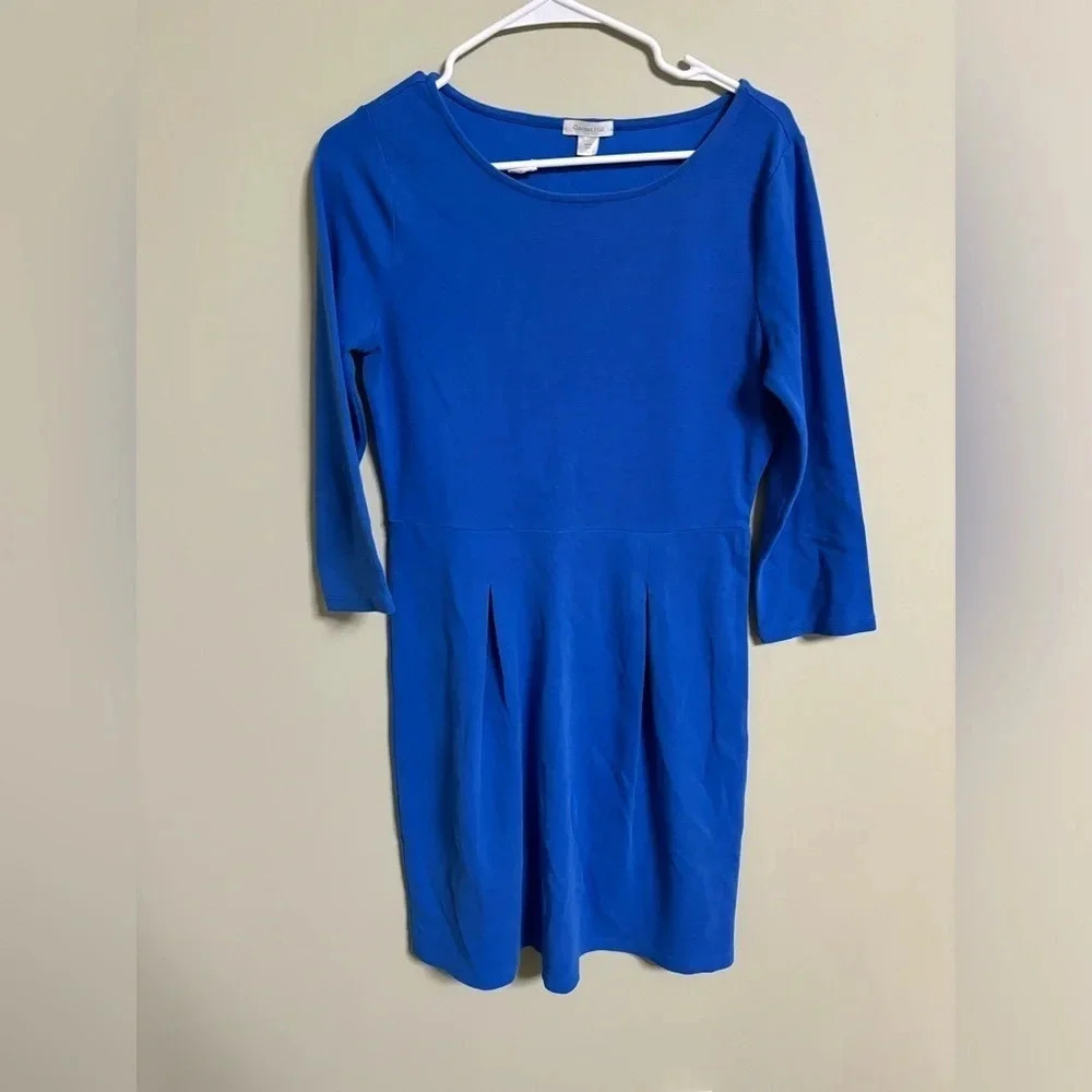 Garnet Hill Women’s Size 8 Ponte Knit Long Sleeve Pleated Sheath Dress Blue